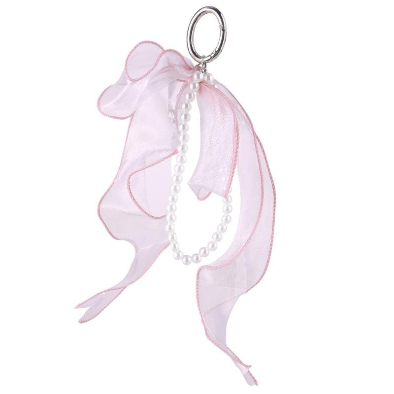 

Cute Bowknot Ribbon Keychain Charm Sweet Bowknot Ribbon Key Holder with Pearls Pendant for Women s Purse Adornment 1