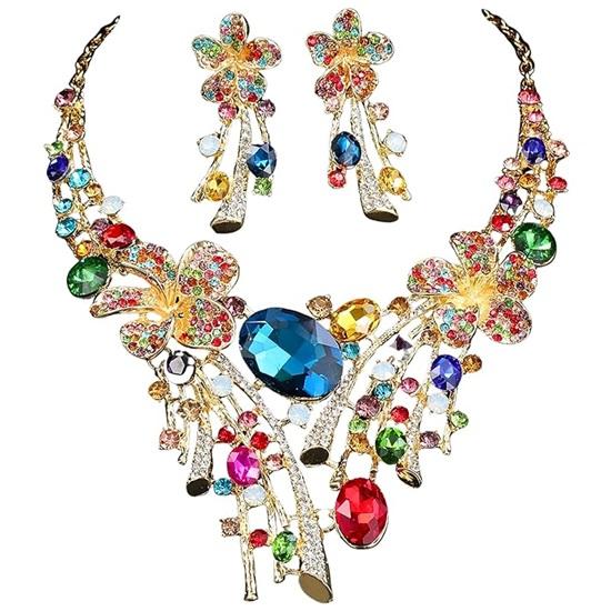 Collier et boucles d'oreilles sertis de pierres précieuses bleues et de cristaux pour femme, bijoux pour fêtes et occasions spéciales