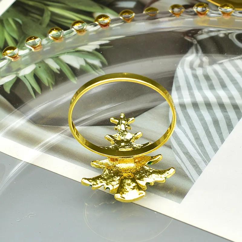 Gold Plated Christmas Tree Napkin Ring Luxury Green Dinner Button Holder for Western Restaurant Table Setting Decor