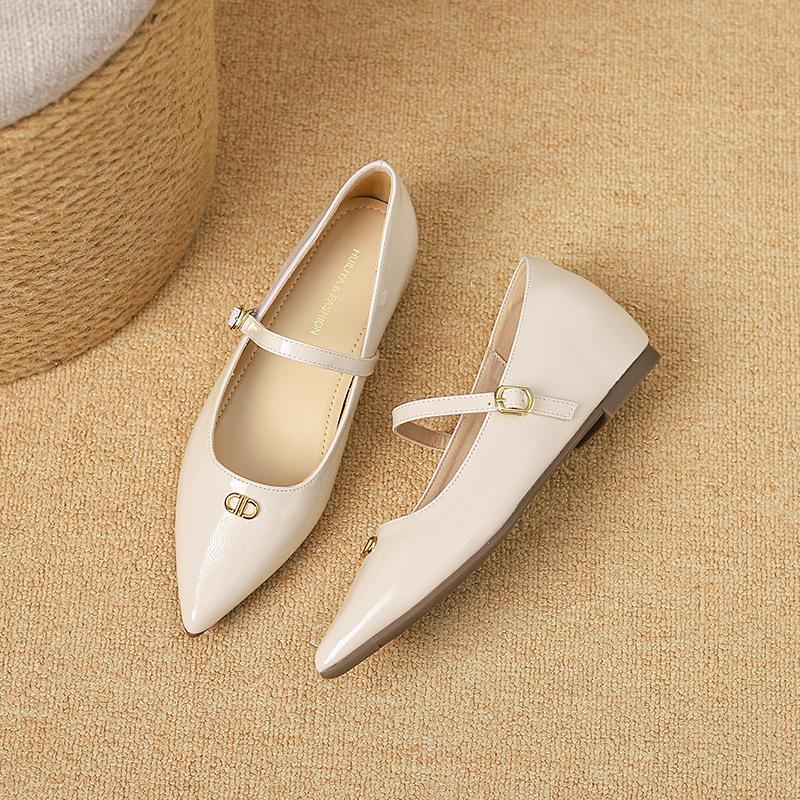 Inner heightening flat-soled single shoes with skirts, small fragrant style pointed single shoes, women's one-word buckle low heel belt, Mary Jane W