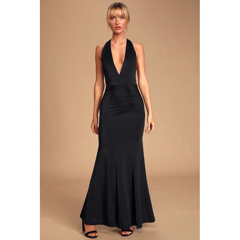 Foreign Trade Order Lu's Elastic Fabric Sexy V-neck Backless Slimming Pleat Black Hepburn Elegant Banquet Dress