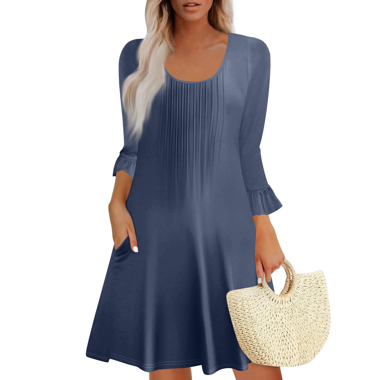 

Женское летнее платье свободного покроя для пляжного отдыха, сарафан с коротким рукавом и круглым вырезом, с карманом, с коротким рукавом, платье-рубашка L тёмно-синий
