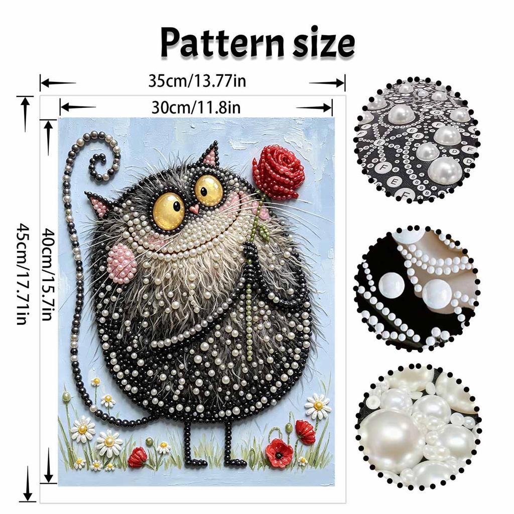DIY Pearl Painting Canvas Cute Black Cat With Red Rose 3D Bead Art Kit Relaxing Handmade Craft for Room Decoration Gift Hobby Supplies Project