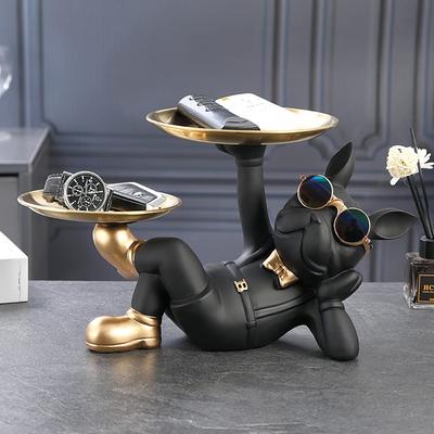 Yipyon Dog Raising Plate Figurine Dog Statue Decorative Tray French Bulldog Double Tray Key Storage Tray Lying Dog Creative Decoration Table Tabletop