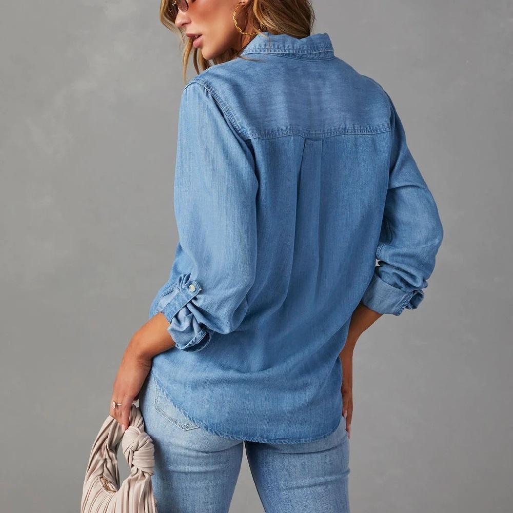 Women Denim Shirts Solid Color Turn Down Collar Long Sleeve Jean Blouses Single Breasted Loose Casual Tops Streetwear