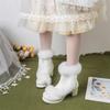 FOREADA Women Kawaii Ankle Boots Round Toe Thick Mid Heels Zipper Cosplay Lolita Short Boots Ladies Fashion Shoes Winter White 46