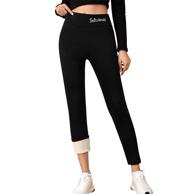 Fleece Lined Thick Sherpa Leggings Women Letter Embroidery Slim Fit Outdoor Wear Ankle Pants Warm Trousers
