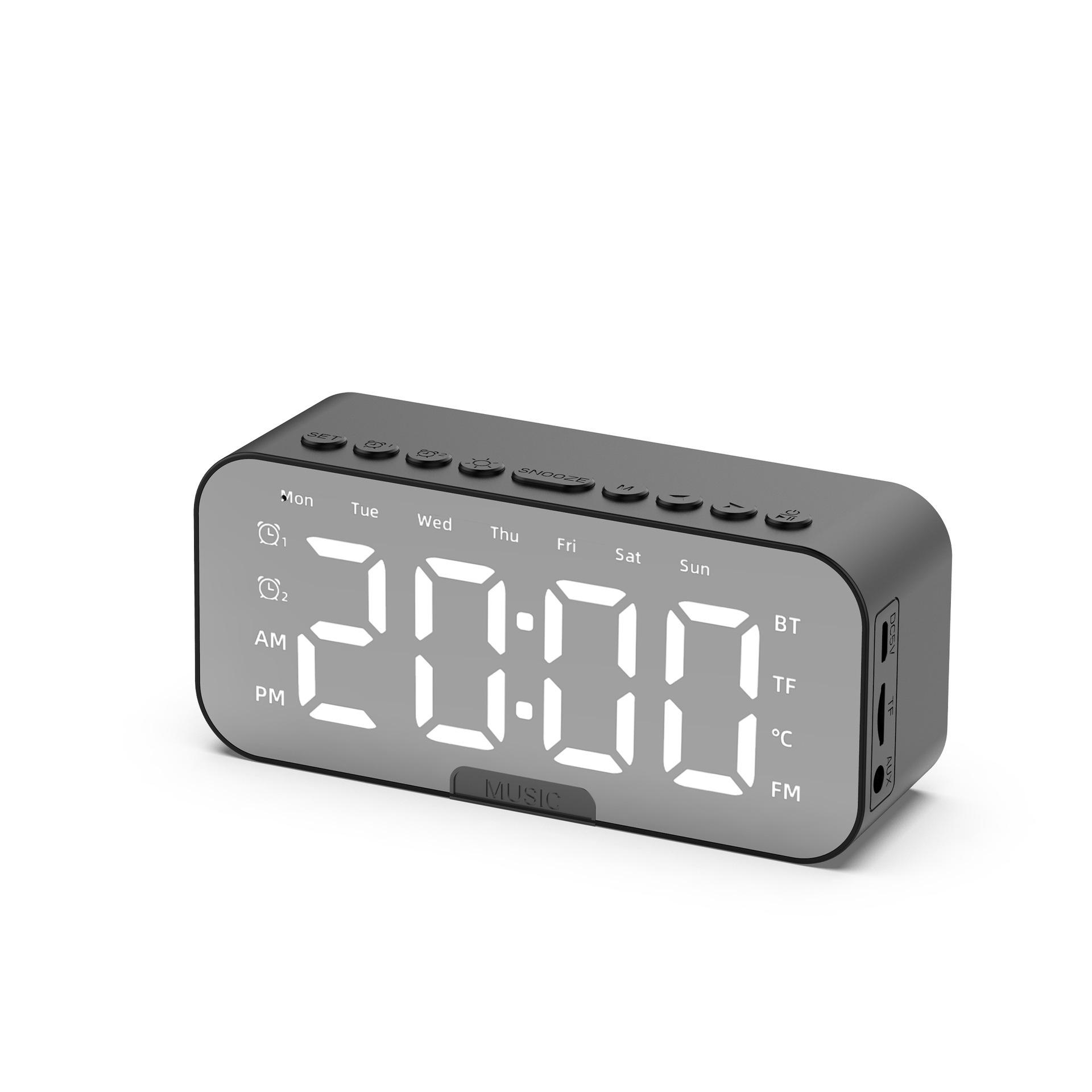 

Bluetooth Speaker with LED Mirror Screen Digital Dual Alarm Clock with FM Radio Phone Holder Temperature For Bedroom Office чёрный