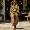 Maxi Shirt Dress for Women, V Neck Long Sleeve Ruffled Tie Waist Boho Long Dress, High Slit A-line Loose Flowy Dress with Pockets
