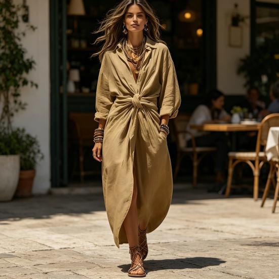 Maxi Shirt Dress for Women, V Neck Long Sleeve Ruffled Tie Waist Boho Long Dress, High Slit A-line Loose Flowy Dress with Pockets