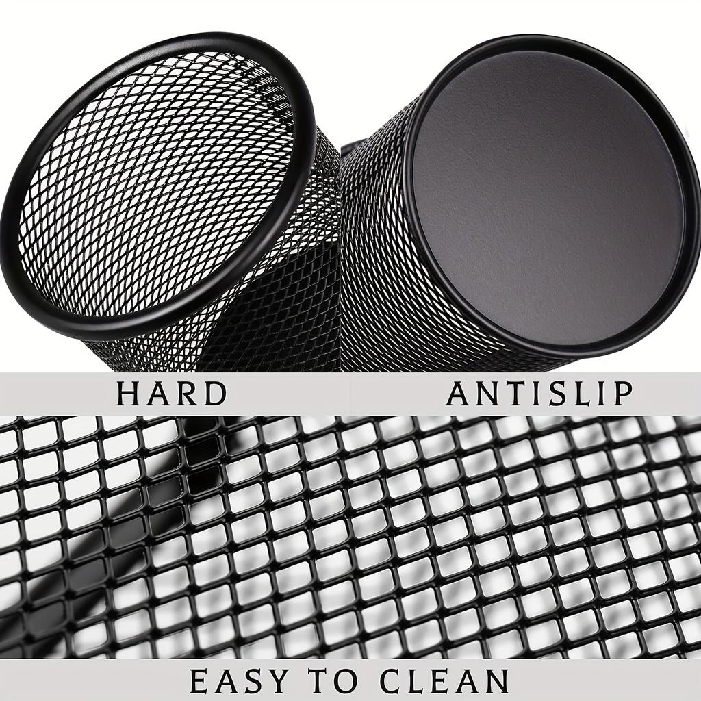 4pcs Black Metal Wire Mesh Pen Holders - Round Desk Organizer with Open-Top Design, for Office & Home Desktop Storage