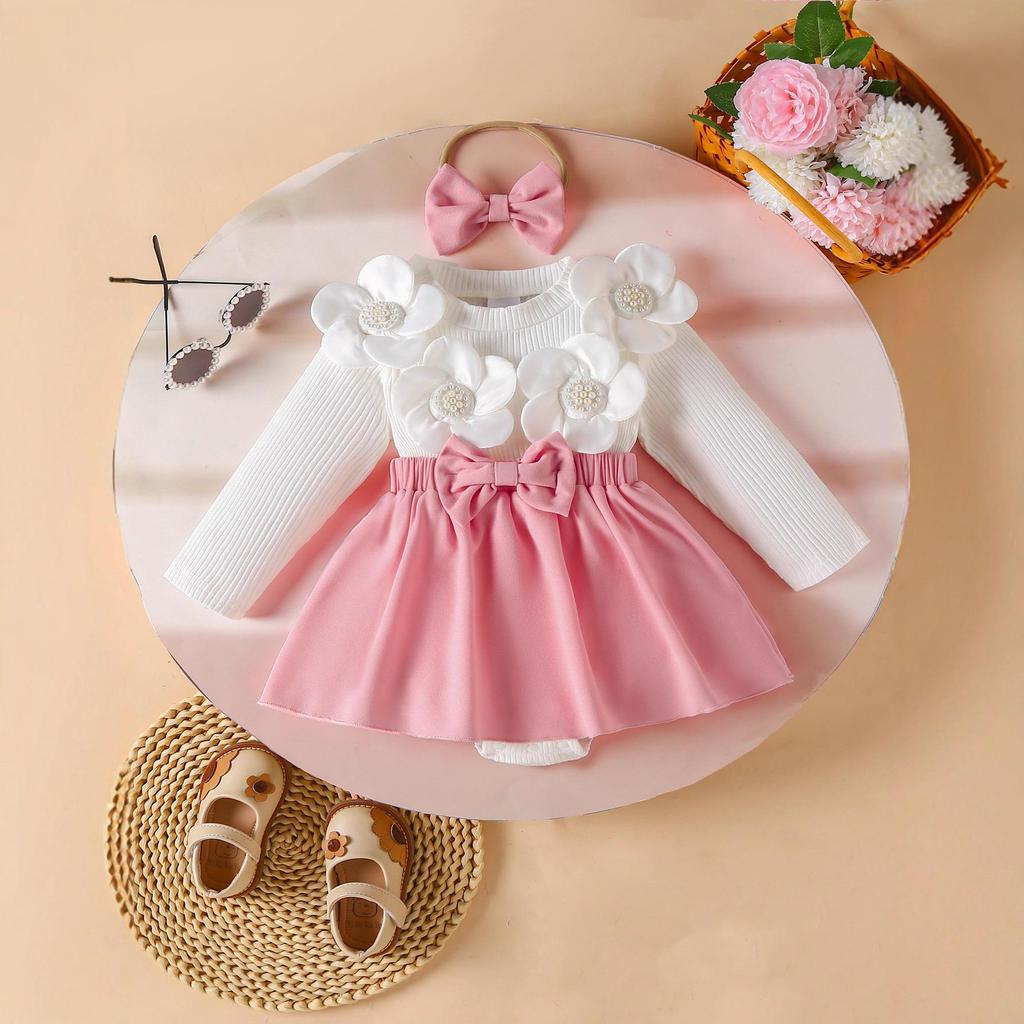 Girls' Long Sleeve Dress & Headband Set with 3D Flowers