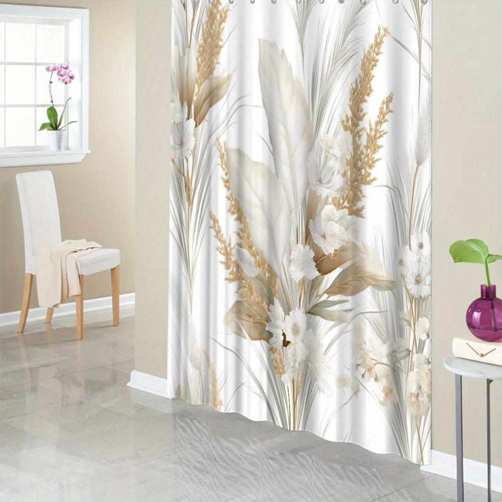 

1pc Vintage Botanical Print Shower Curtain - Soft Floral Design with White Blossoms & Feathers, Muted Beige & Pale Golden on W 120x180cm