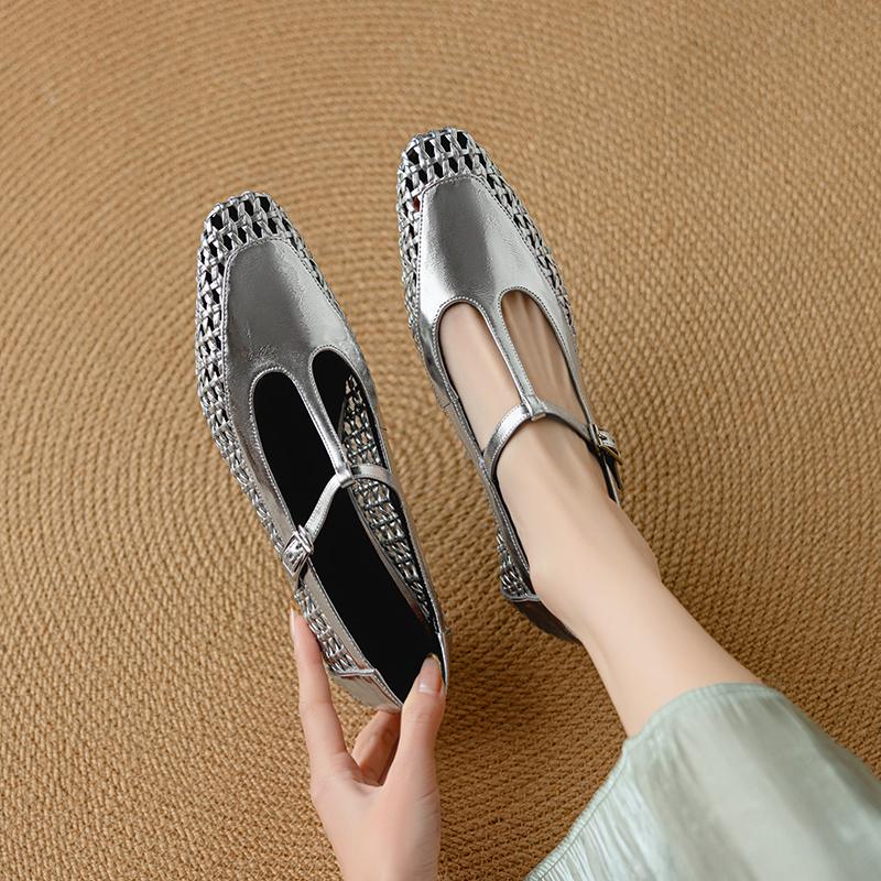 Fashion 2025 New Spring Women Pumps Genuine Leather Women Shoes Square Toe Buckle Strap Mary Janes Weave Ladies Shoes