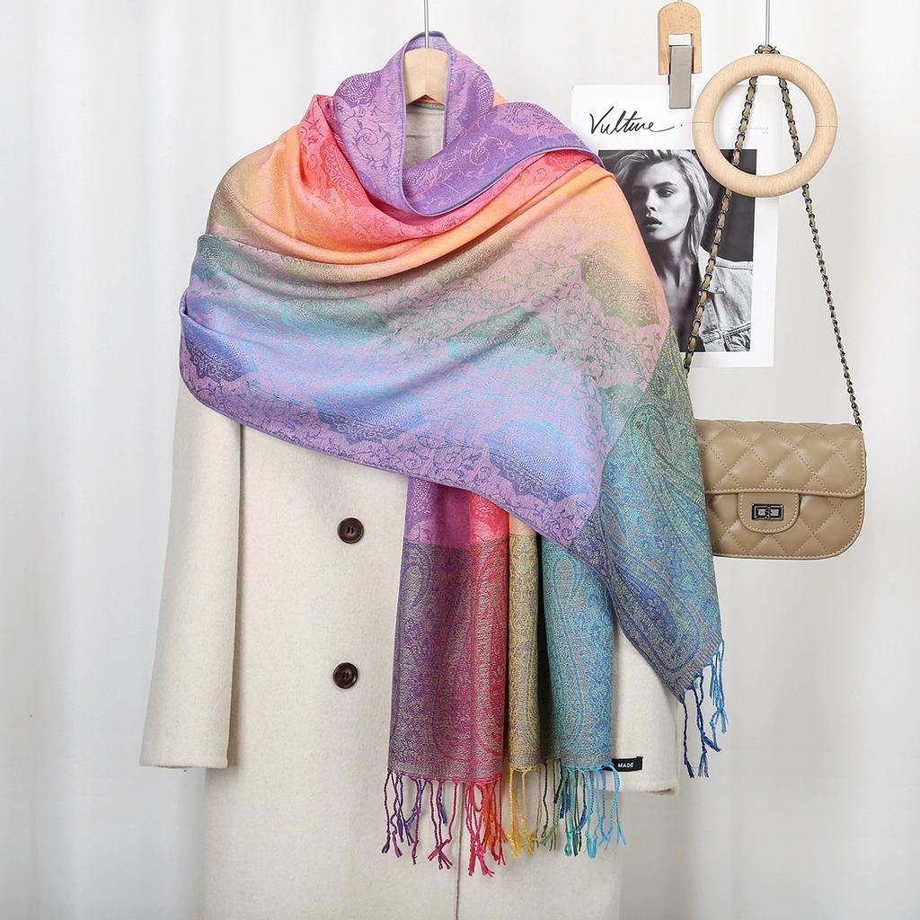 Popular Colorful Cashew Tassel Shawl for Women Ethnic Style Gradient Embroidery Scarf