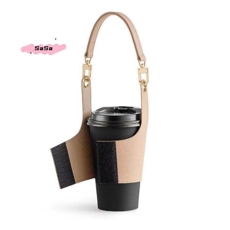 Leather Cup Cover Pouch Portable Water Bottle Sleeve with Insulating Strap for Milk Tea Coffee Cups - Fashionable Carrying Bag