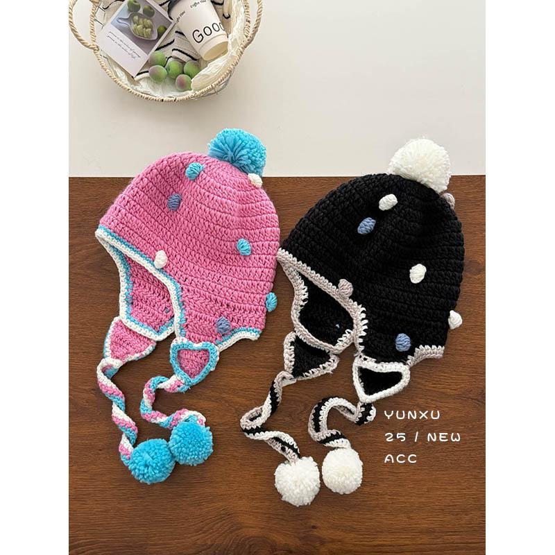 Season parent-child dopamine sweet cute ball ear protector knitted hat fashionable handmade hook braid hat