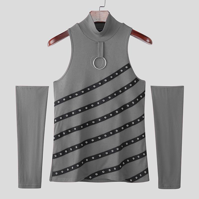 

INCERUN Men High Neck Sleeveless Striped Eyelet Casual Fitted Rib Tank Tops with Oversleeve 3XL серый