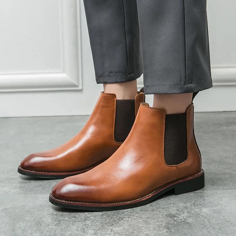 Fashion New Men Genuine Leather Thick Soles Boots Sleeve Chelsea Men Boots Luxury Brand Men's Booties Casual Business Formal Boots
