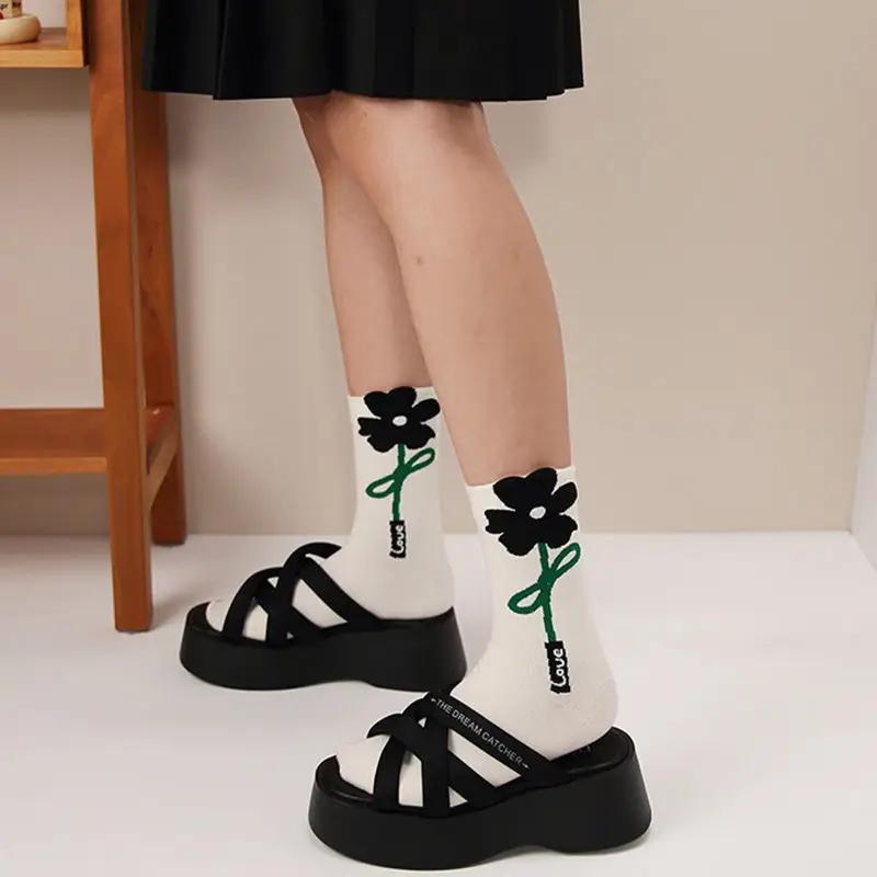 Women Socks Japanese Korean Style Cartoon Flower Rabbit Harajuku Cute Kawaii Mid Tube Breathable Casual Short Cotton Socks