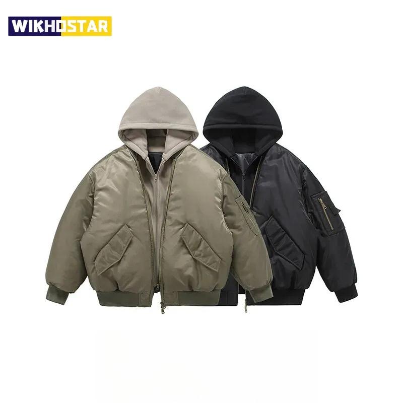 Fake Two Pilot Cotton Jackets Mens Winter New High Street Trend Thickening Hooded Bomber Coats Multiple Pockets Short Parkas