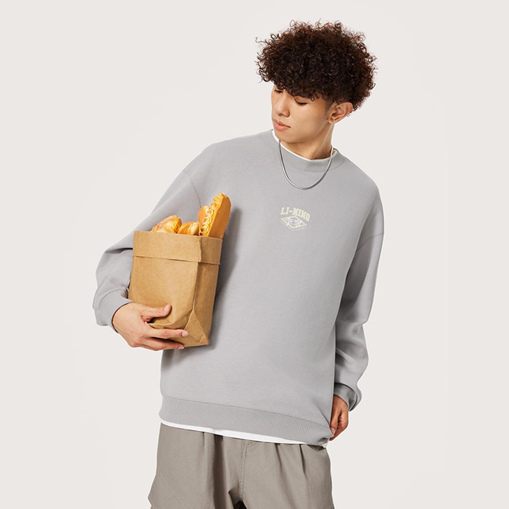 Li Ning Comfortable Casual Crew Neck Pullover Sweatshirt Men Sweatshirt Moon-Surface-Gray AWDU609-2
