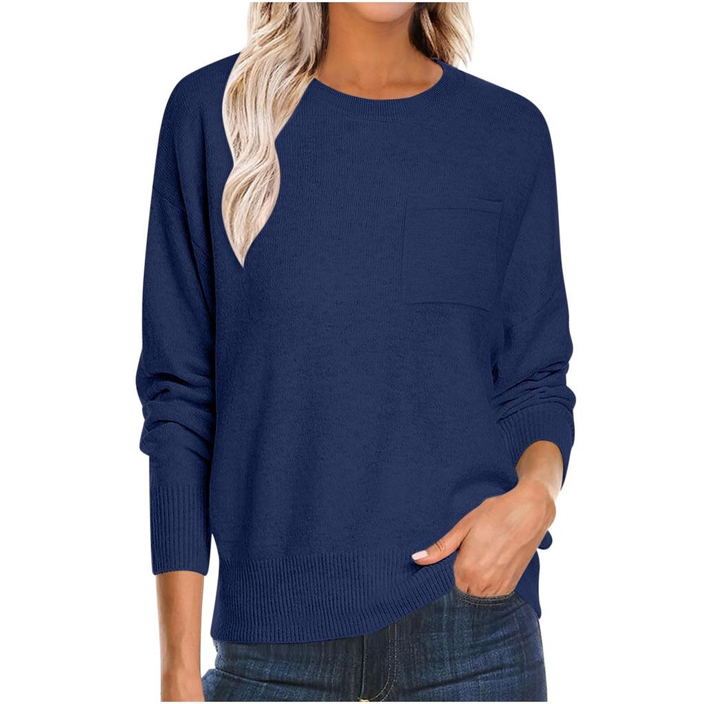 Women's Fashion Round Neck Pullover Sweater Casual Versatile Solid Color Knit Top