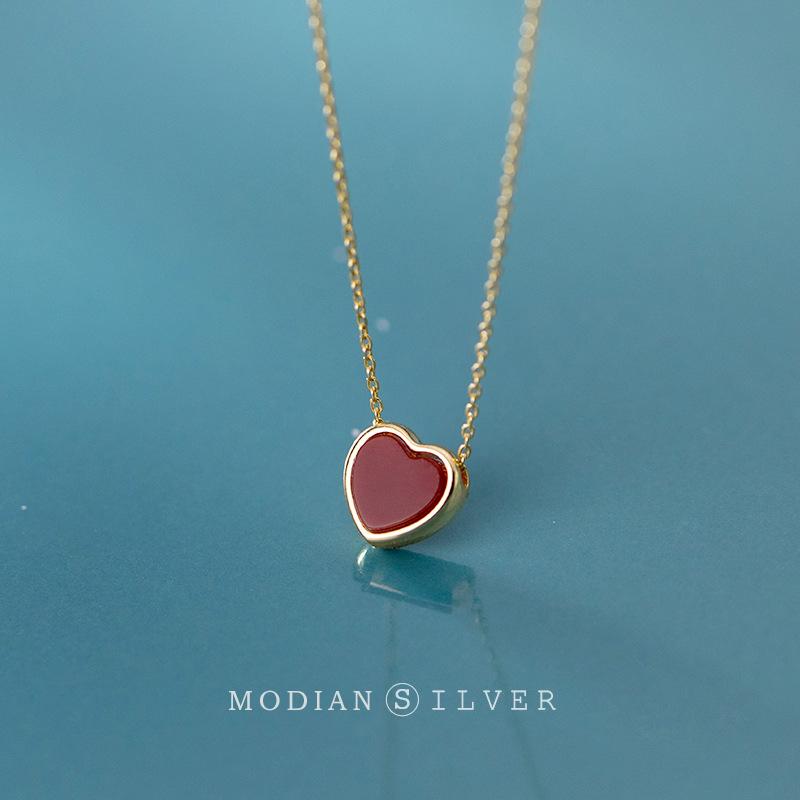 Modian New Arrive 925 Sterling Silver Red Lovely Hearts Pendant Necklace for Women Gold Color Necklace Fine Jewelry Accessories