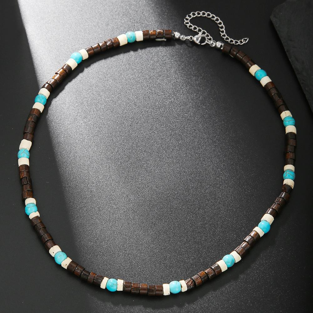 

Natural Turquoise Wood Bead Splicing Men s Necklace Versatile Neutral Wind Wood Chips Coconut Shell Stainless Steel Necklace