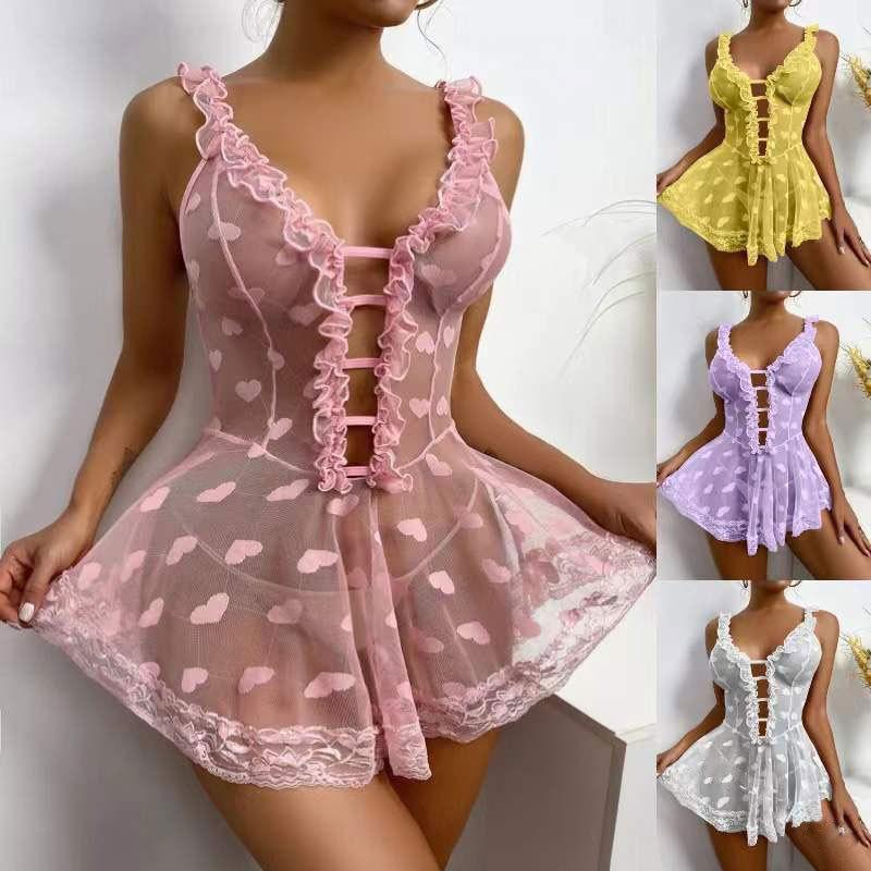 Erotic underwear suspender see-through stripless nightdress plus size sexy breastless pajamas transparent nightdress set temptation