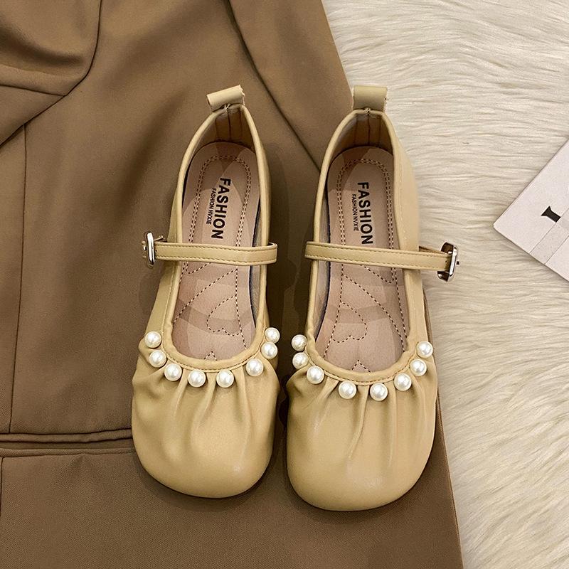 French Pearl Mary Jane Shoes Girl 2025 Spring New Fairy Evening Wind Large Size Soft Sole Ballet Grandma Shoes