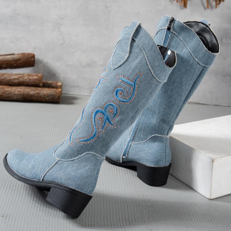 Cowboy Print Knee High Boots Women High Heels Shoes 2025 Trend Designer Chunky Zipper Chelsea Boots Casual Pumps Mujer Botas