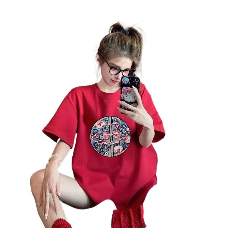 New Chinese style pure cotton short-sleeved T-shirt women's print new spring and summer interior with casual half-sleeved red top tide
