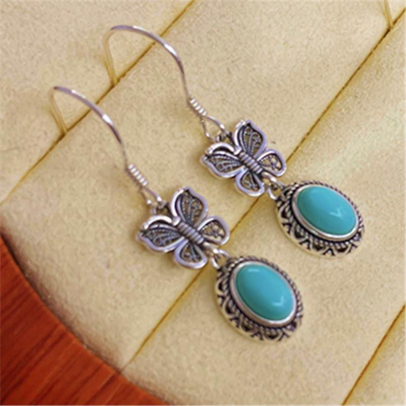 Серьги-бабочки из стерлингового серебра 925 пробы с натуральным бирюзовым ретро 925 Silver