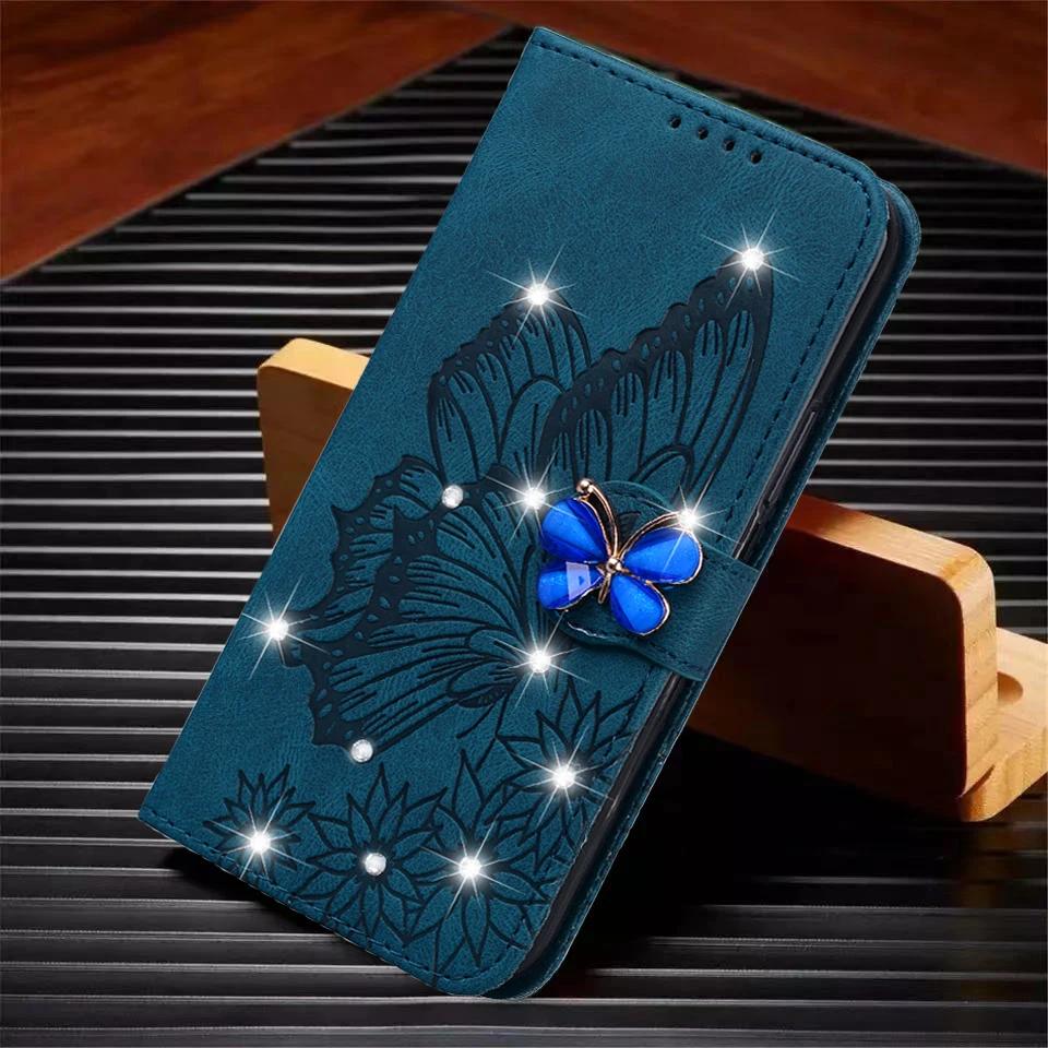 

Кошелек-книжка с блестящей кожей для телефона iPhone 16 Pro Max 15 Plus 11 14 13 12 XR XS X SE 2020, с бабочкой, Bling, обложка-книга с карманами For iPhone 15ProMax синий