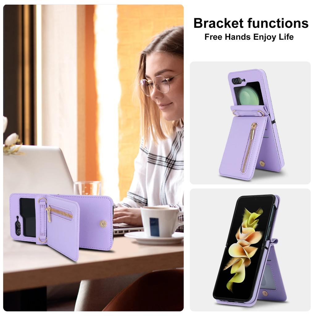 Zipper Wallet Vertical Cards Solt Crossbody Case for Samsung Galaxy Z Flip 7 SE 6 5 4 Shoulder Strap Lanyard Holder Purse Cover