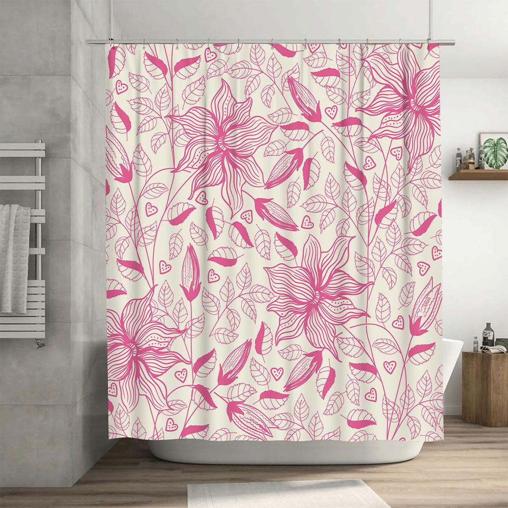 Pink Floral Shower Curtain: White Flower Bath Rug Decor for Bathroom Waterproof 3D Printing Home Decoration (Size Custom)