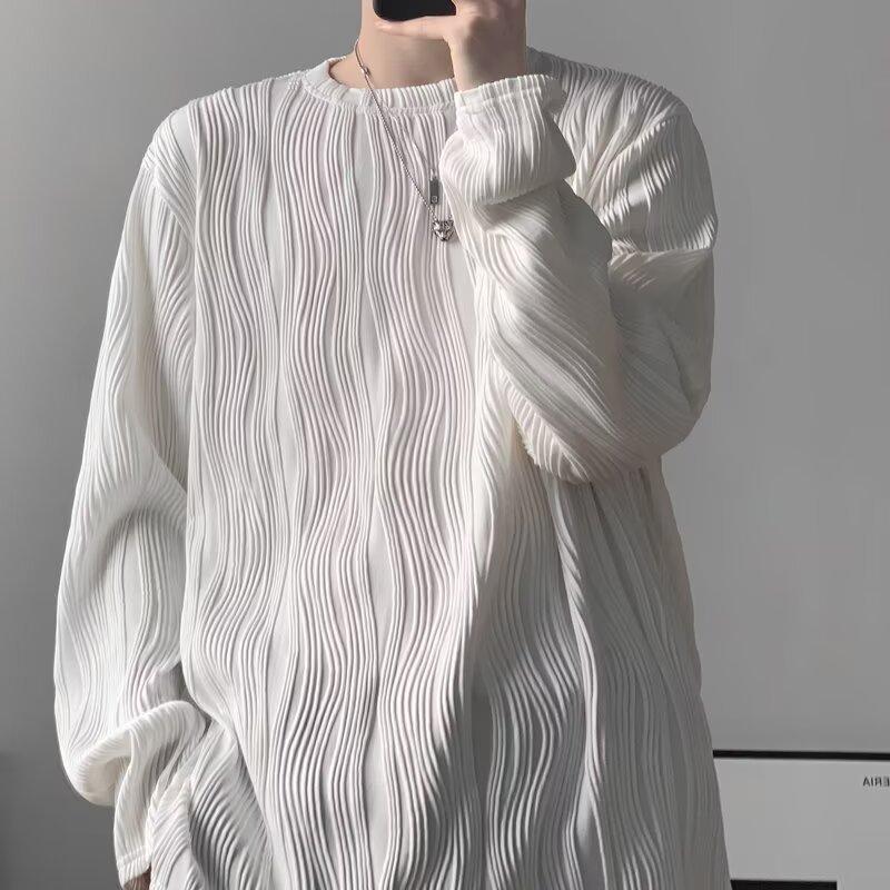

Men s Wavy Textured Long Sleeve Top Casual Crew Neck Loose Fit Streetwear Shirt M белый