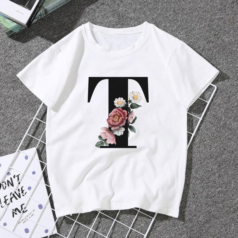 A B C D E English Alphabet Print T Shirt Women Short Sleeve Couples Lovers Female