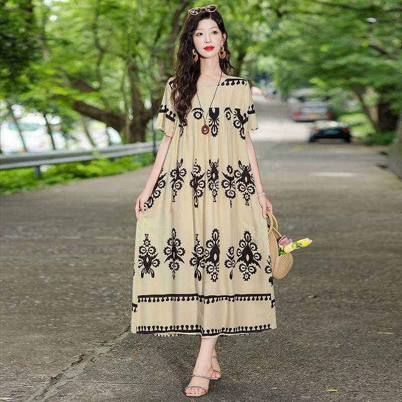 New Bohemian ethnic style short-sleeved summer cotton and silk dress loose fashion large size artificial cotton long skirt