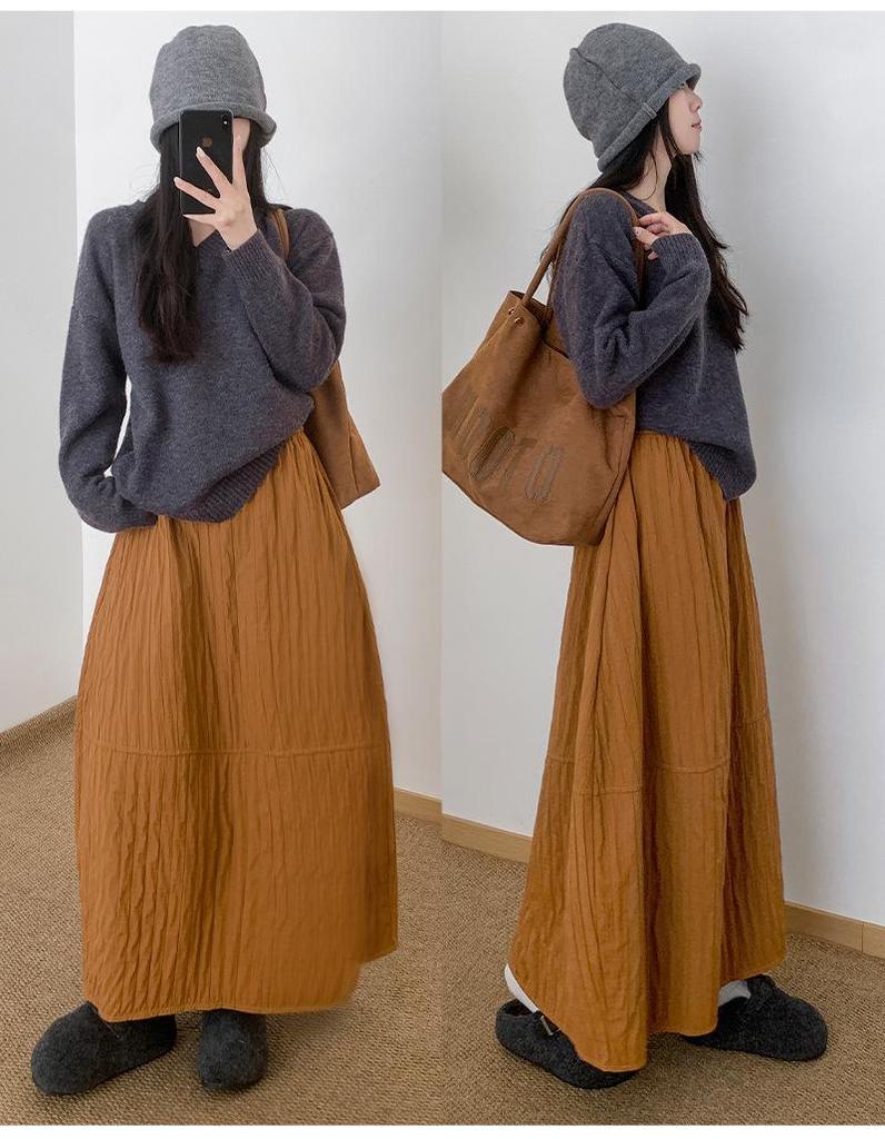 Women's High-Waisted Textured A-Line Mid-Length Skirt - Autumn/Winter Retro Pumpkin Fluffy Design