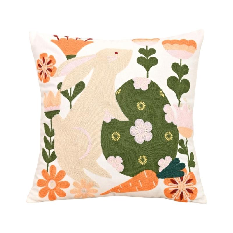 

Decorative Throw Pillow Cover With Easter Rabbits And Flower Embroidery In PCotton Canvas