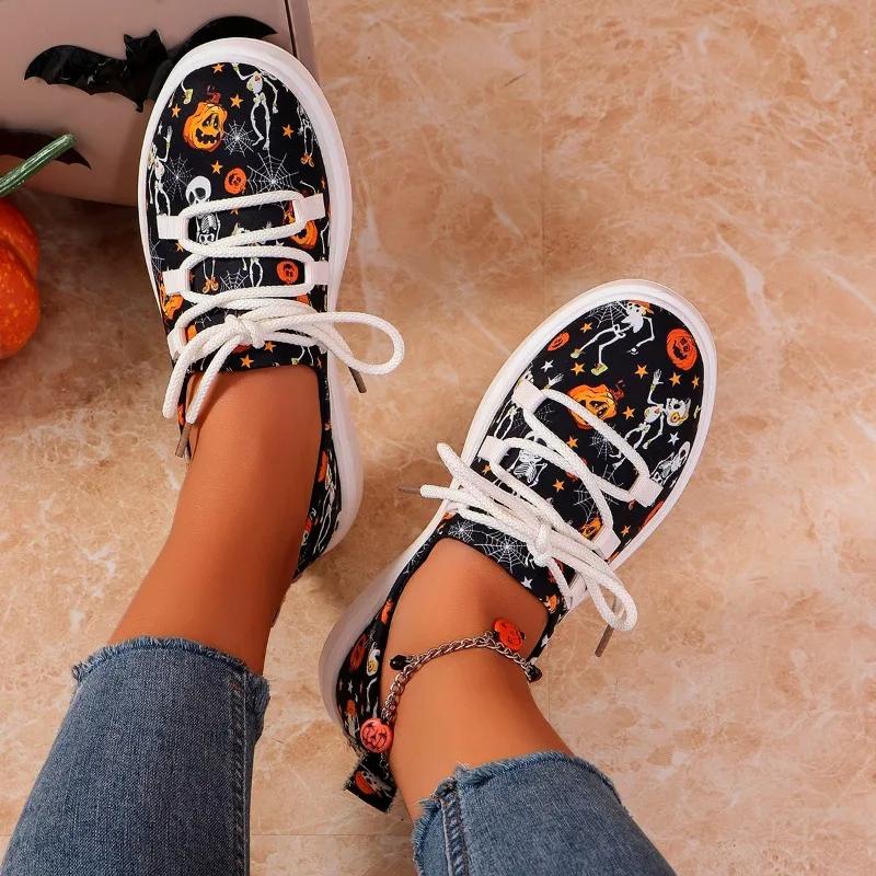 Loafers Women's Halloween Pumpkin Skull Graphic Print Lace-up Slip-On Flat Canvas plus size women shoes  zapatos de mujer