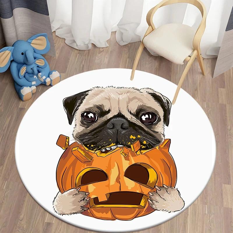 Cute Pug Dog Round Carpet Kawaii Pet Area Rug for Living Room Bedroom Decor Anti-Slip Floor Mat Circle Kitchen Entrance Doormat