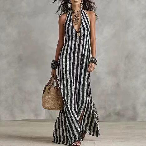 2026 European and American cross-border Amazon popular women s fashion striped neck sleeveless deep V-neck dress, vacation dress S