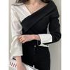 Koreanisches schickes schulterfreies Herbst-Retro-Kontrast-Top für Damen