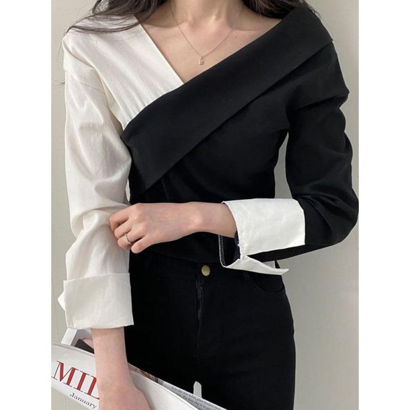 Koreanisches schickes schulterfreies Herbst-Retro-Kontrast-Top für Damen