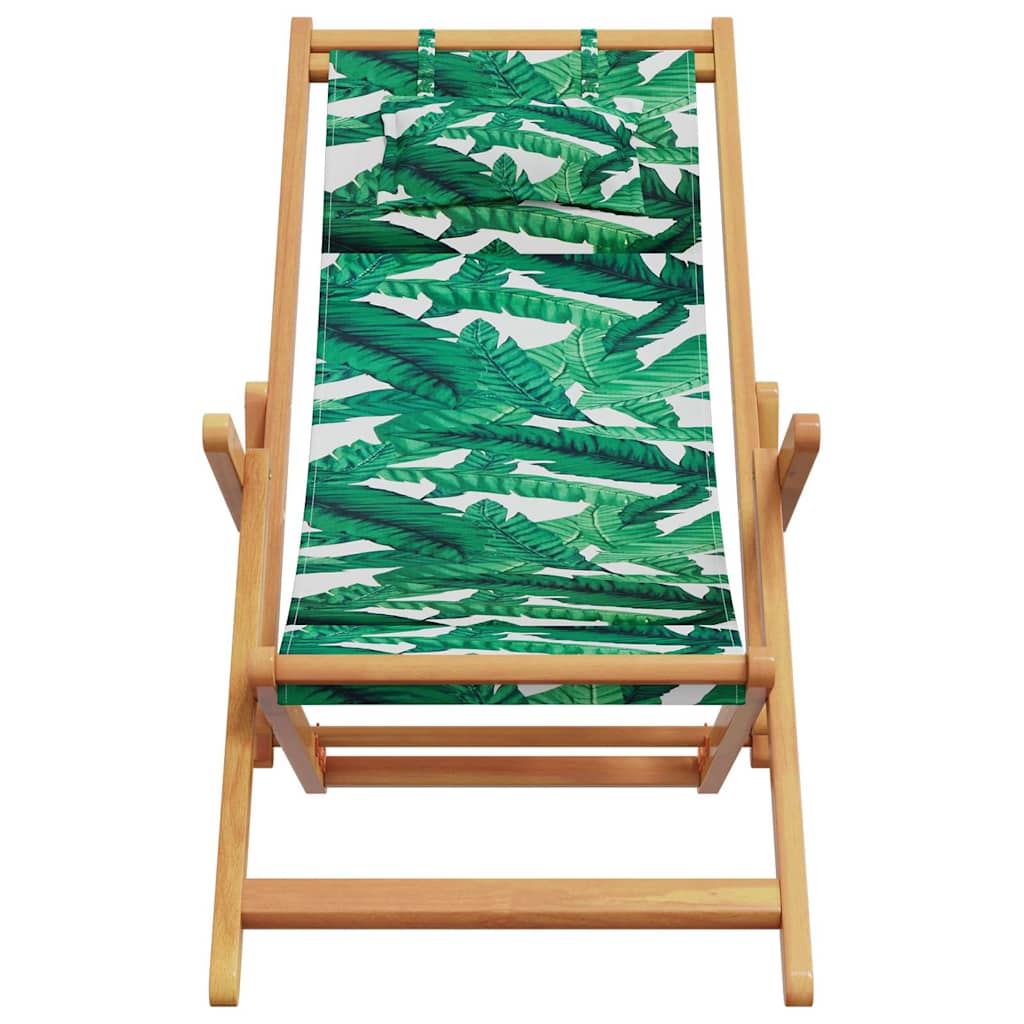 Folding Beach Chair with Leaf Pattern Solid Eucalyptus Wood Frame Fabric Seat