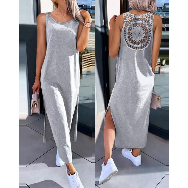 

2026 European & American Fashion Lace Back Sleeveless Slim Fit Dress 2X Large светло-серый