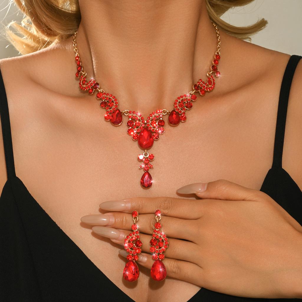 Cross border retro style creative fashion luxury diamond inlaid flower leaf multi-color necklace earring set for women